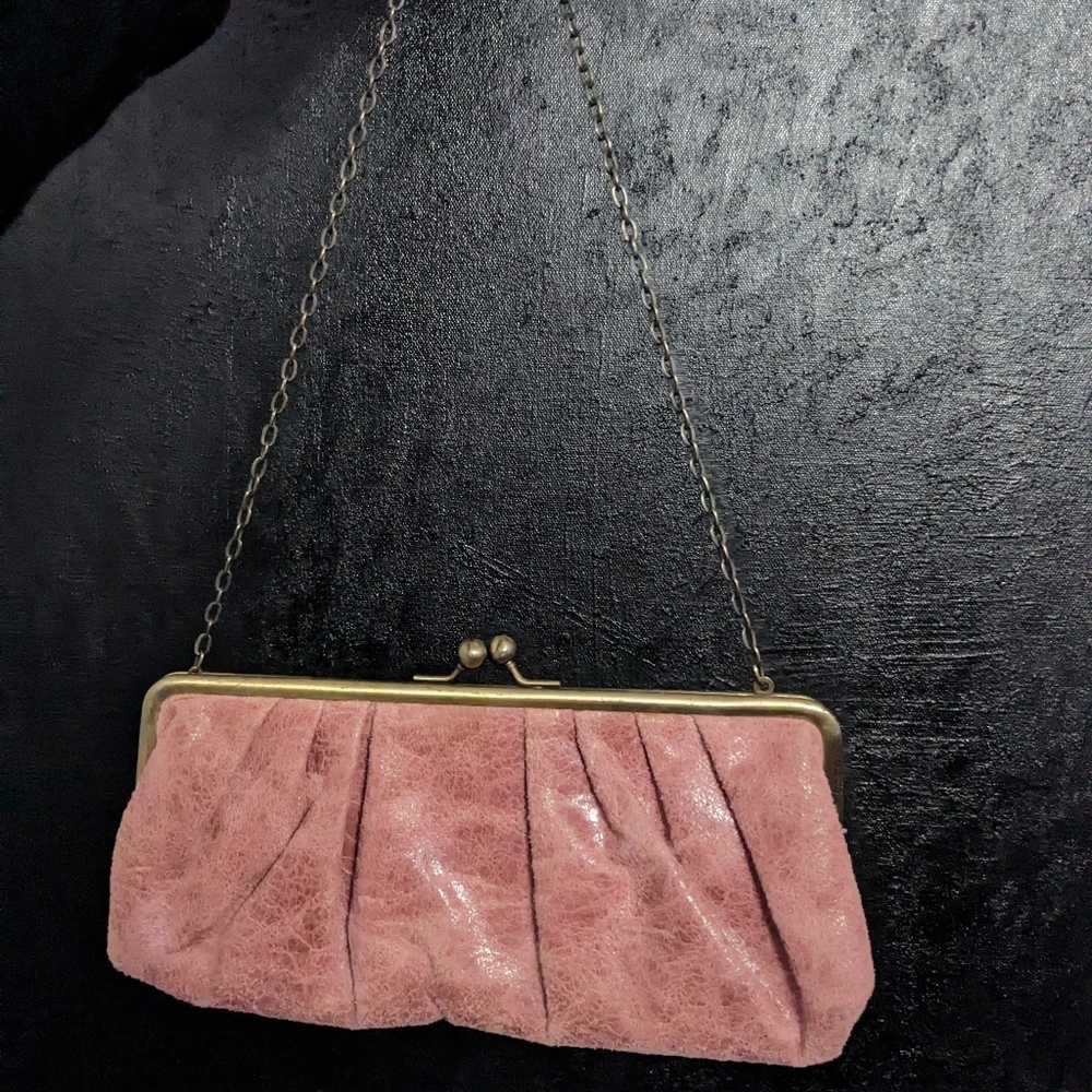 Vintage brass and pink leather shoulder bag